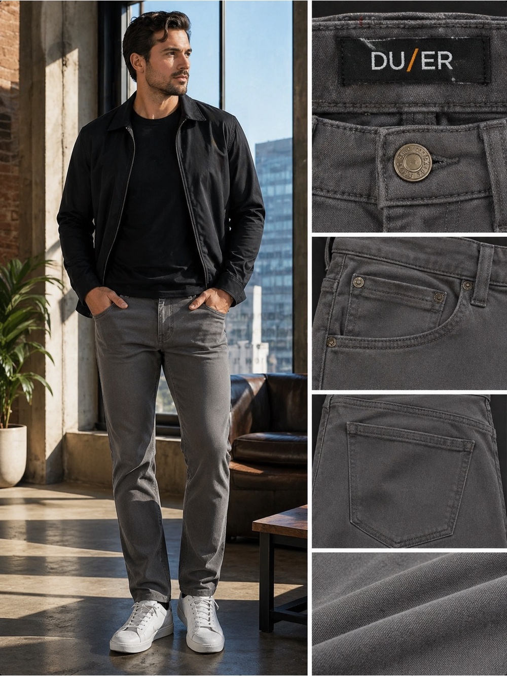 DU/ER Men’s Grey Steel Stretch 5-Pocket Pants Performance Slim Straight 36x30